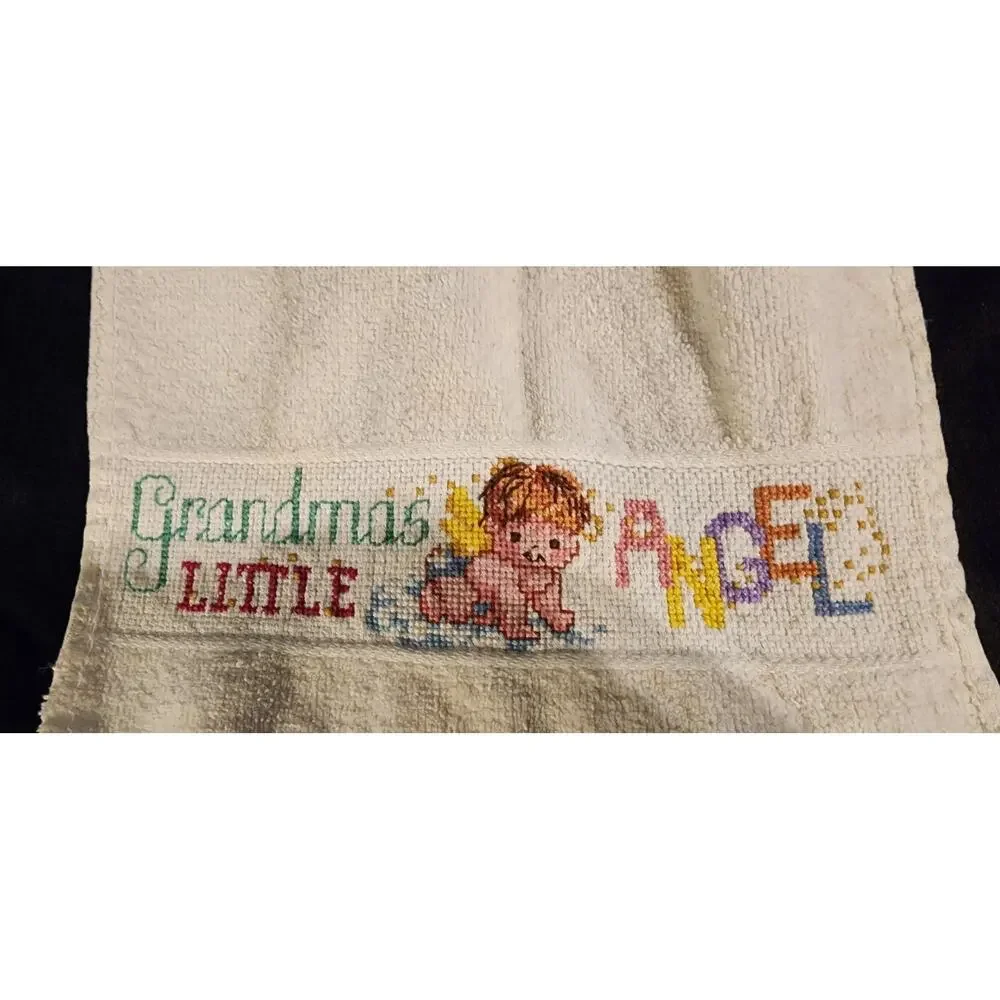 Handmade Cross Stitch Grandma’s Little Angel Guest Towel Cherub Fringe